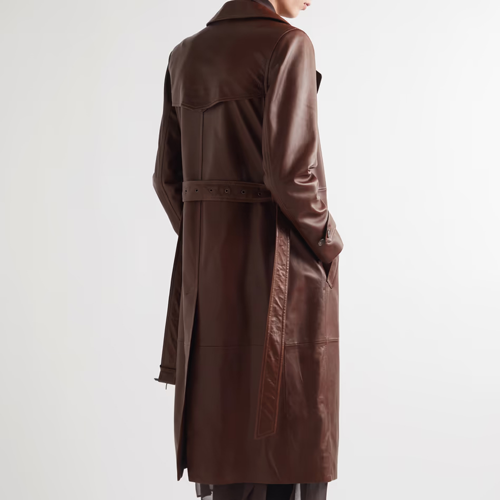 brown leather trench coat