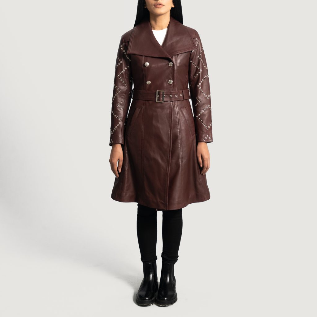 brown leather trench coat