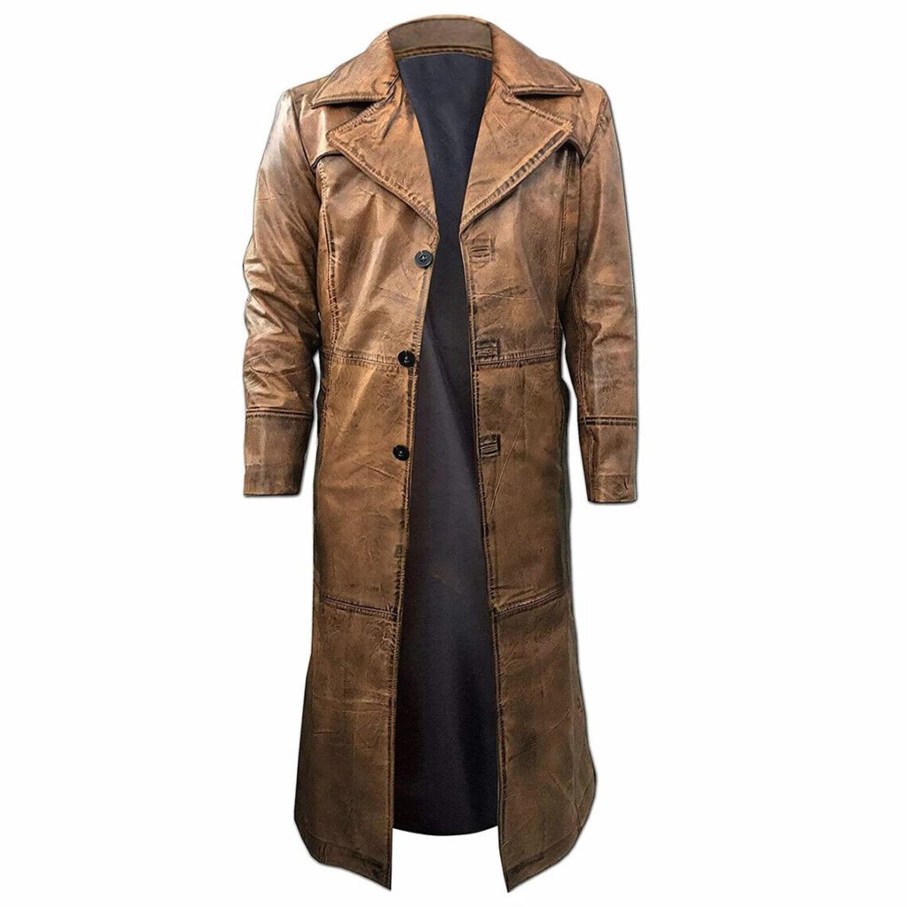 brown leather trench coat