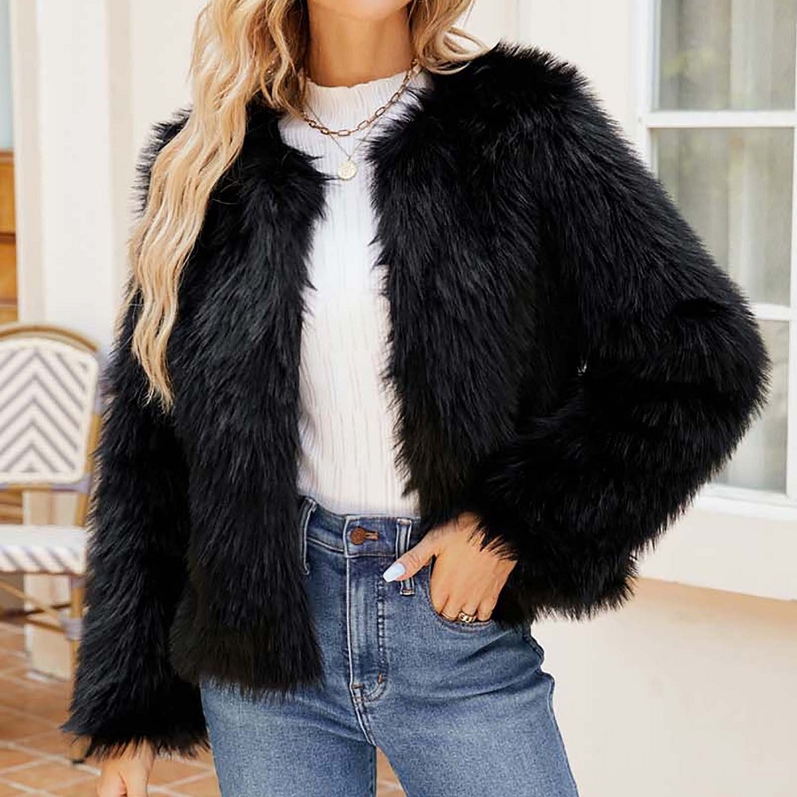 black faux fur coat