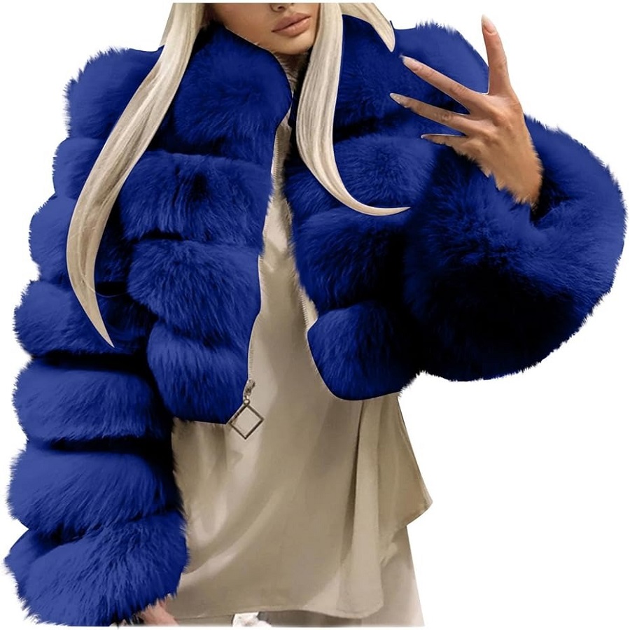 blue faux fur coat