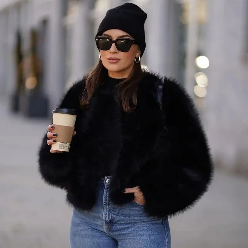 black faux fur coat