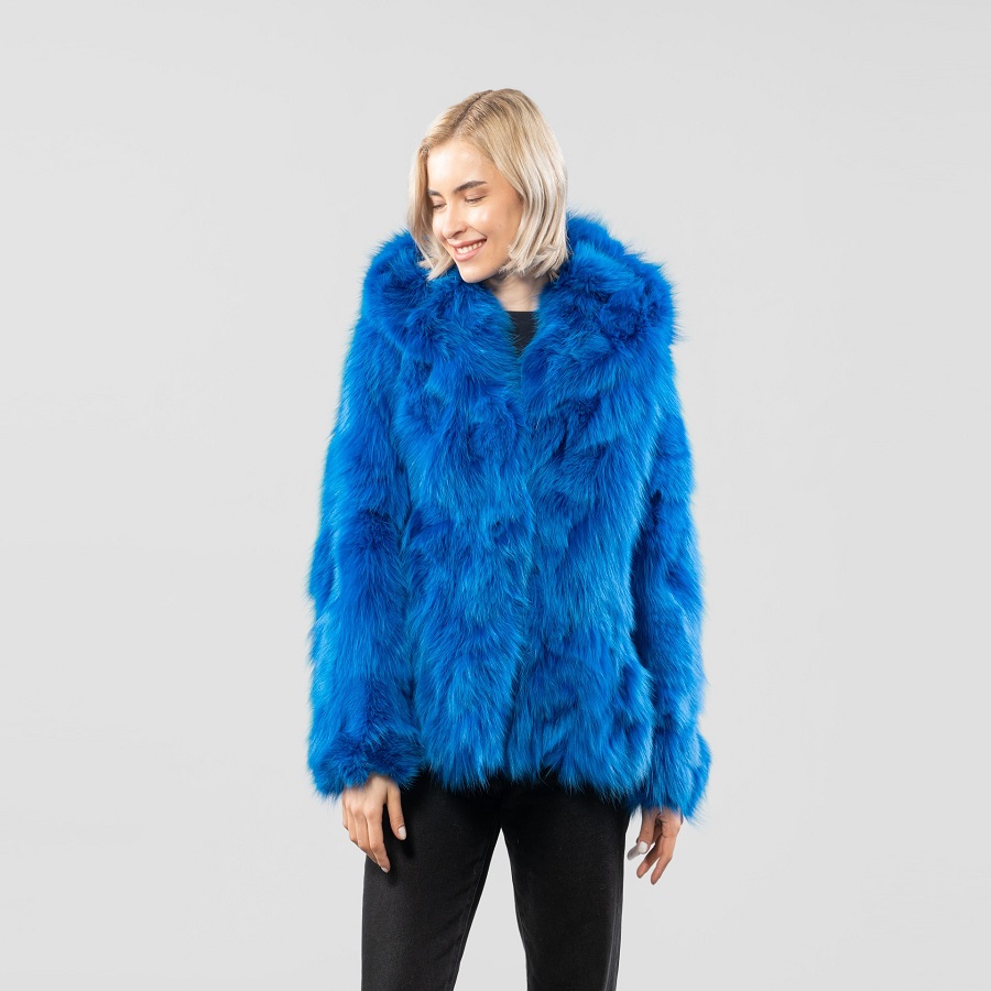 blue faux fur coat