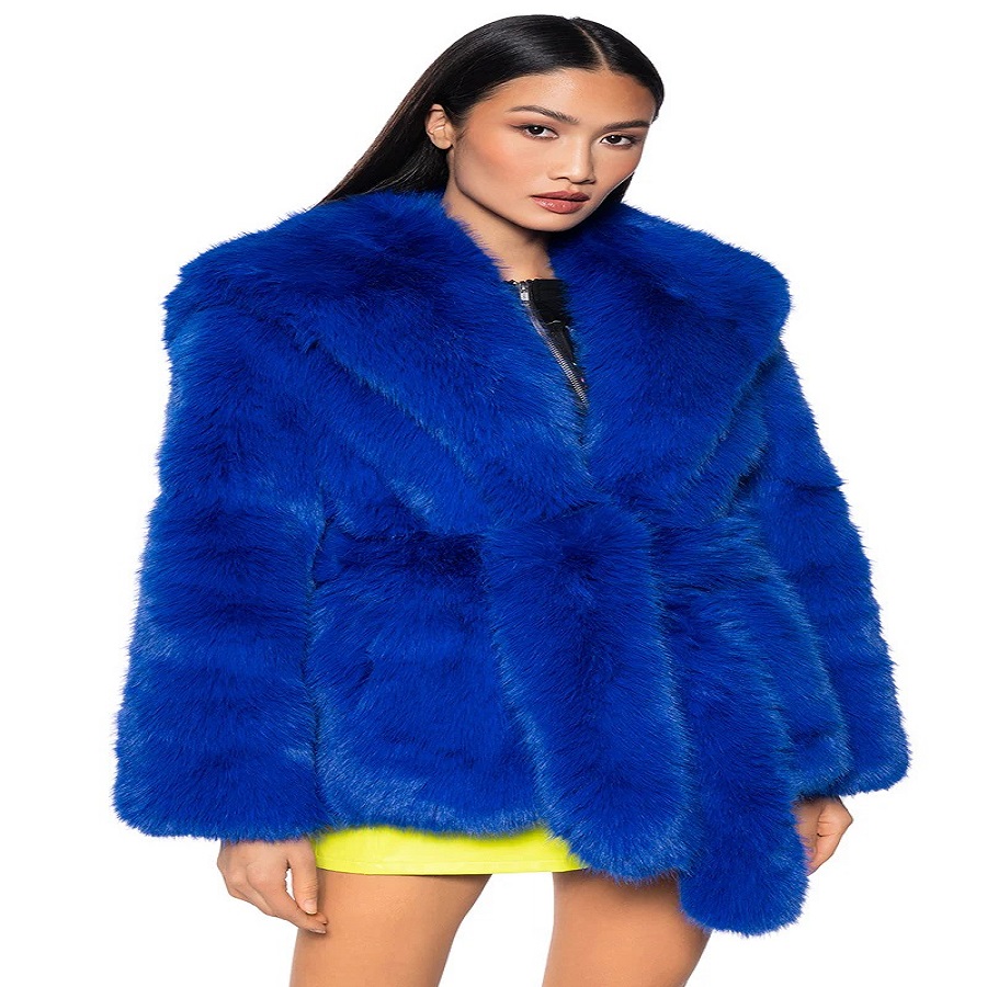 blue faux fur coat