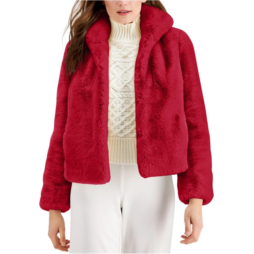 red faux fur coat